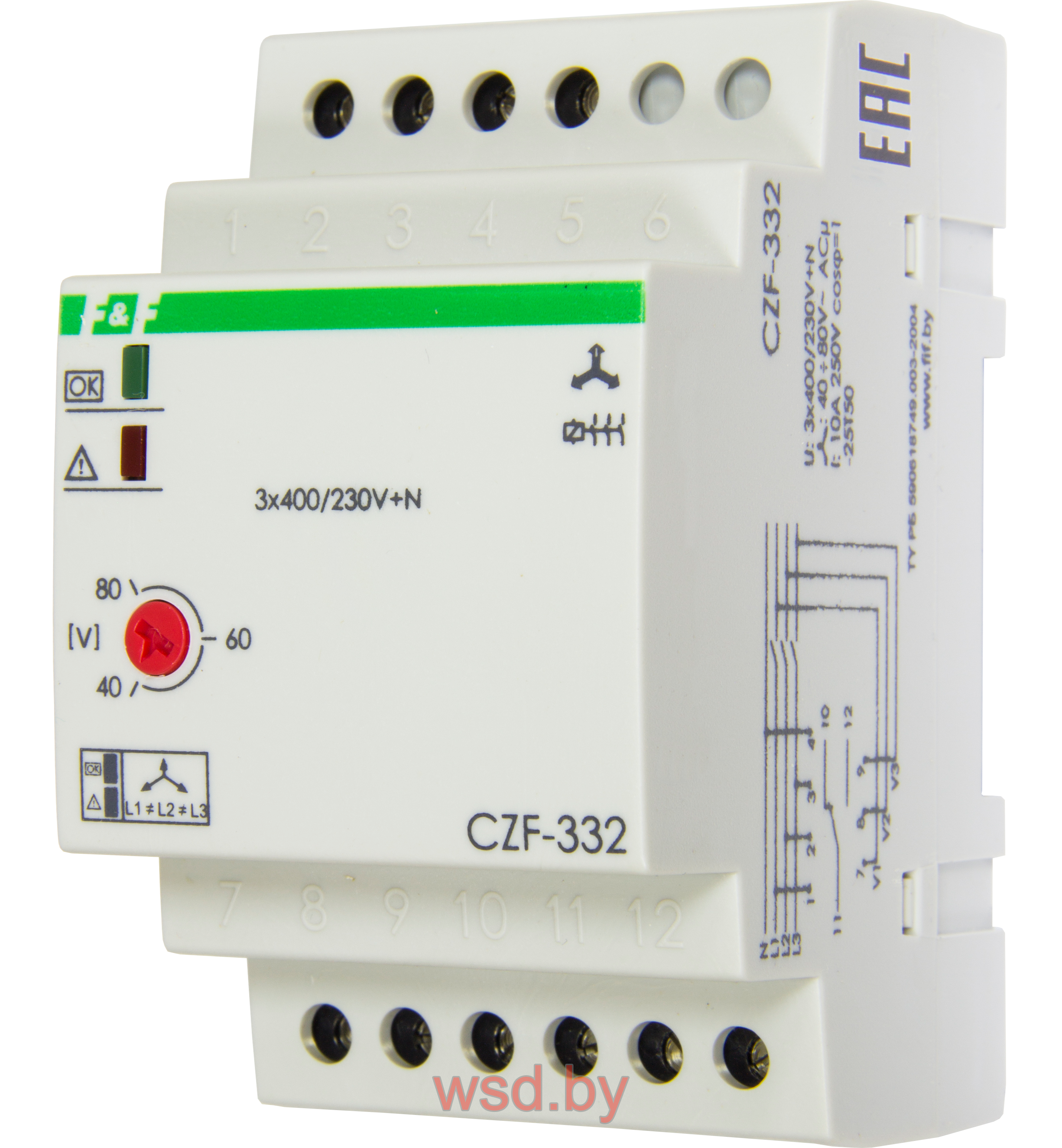 CZF-332 реле контроля фаз, регулируемые ассиметрия, 3 модуля, монтаж на DIN-рейке 3х400/230+N 8А 1NO/NC IP20
